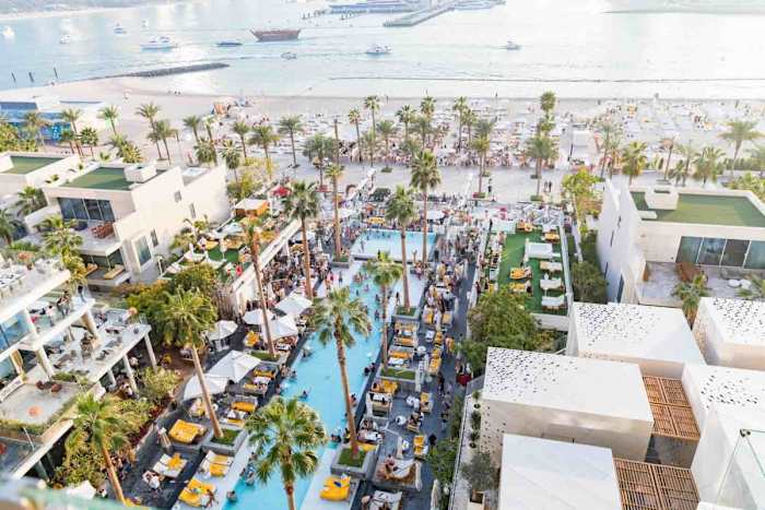 An aerial view of the pool and beach at FIVE Palm Jumeriah.